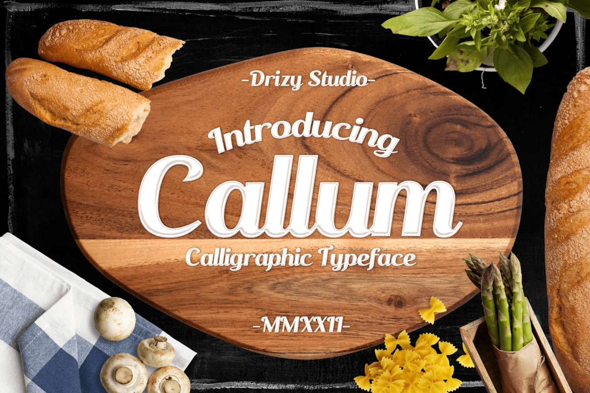 a wooden cutting board with food on it. Callum Calligraphic Typeface