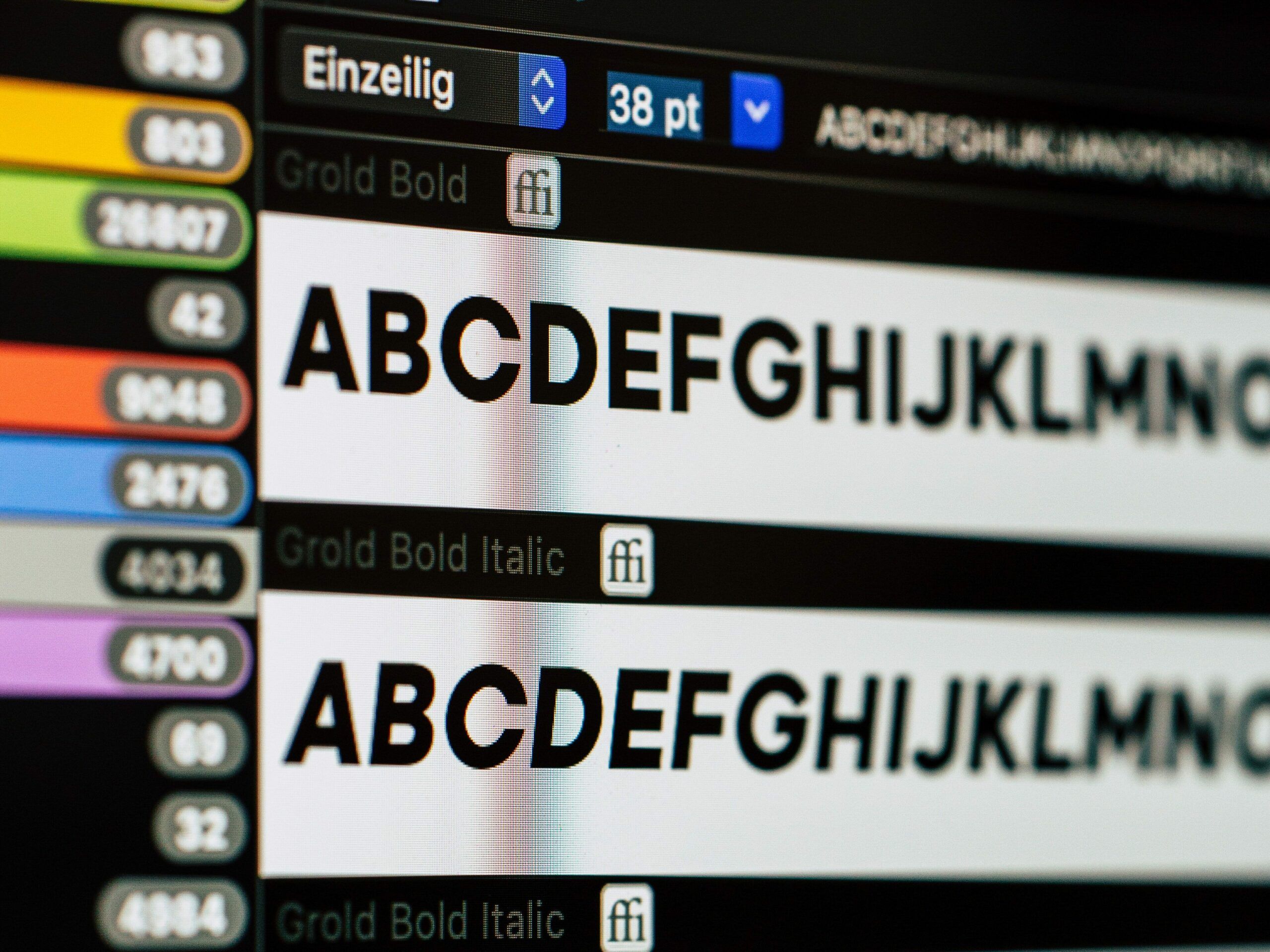 Close-up of a computer screen displaying a typography design with various fonts and sizes. 